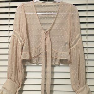 SHEIN DAZY Swiss Dot Flounce Sleeve Tie Front Ruffle Trim Blouse